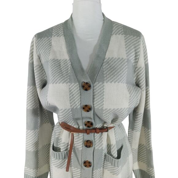 NWT! OLIVE & OAK! ASH GRAY & CREAM PLAID BUTTON FRONT BELTED SWEATER DRESS! SZ L - Picture 3 of 13